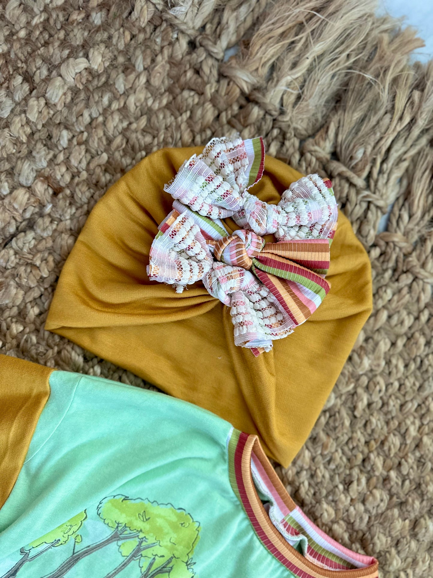 2T Upcycle sweater romper with snaps & matching turban