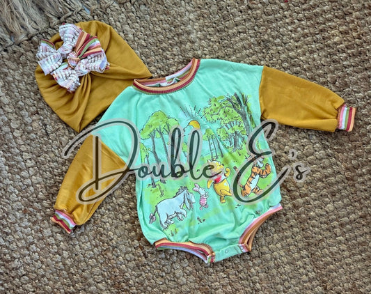 2T Upcycle sweater romper with snaps & matching turban