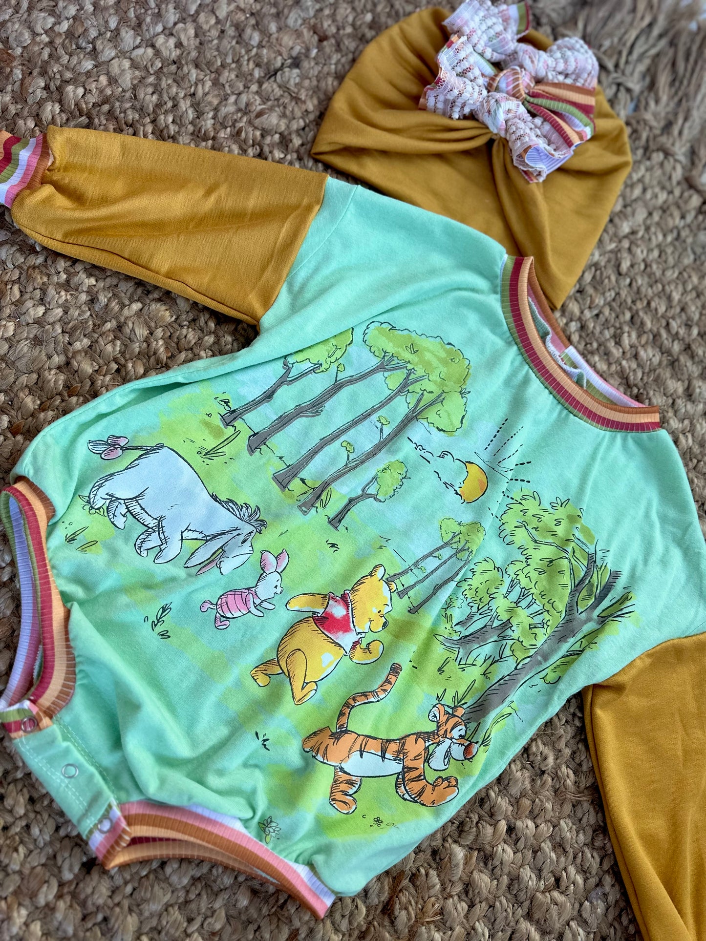 2T Upcycle sweater romper with snaps & matching turban