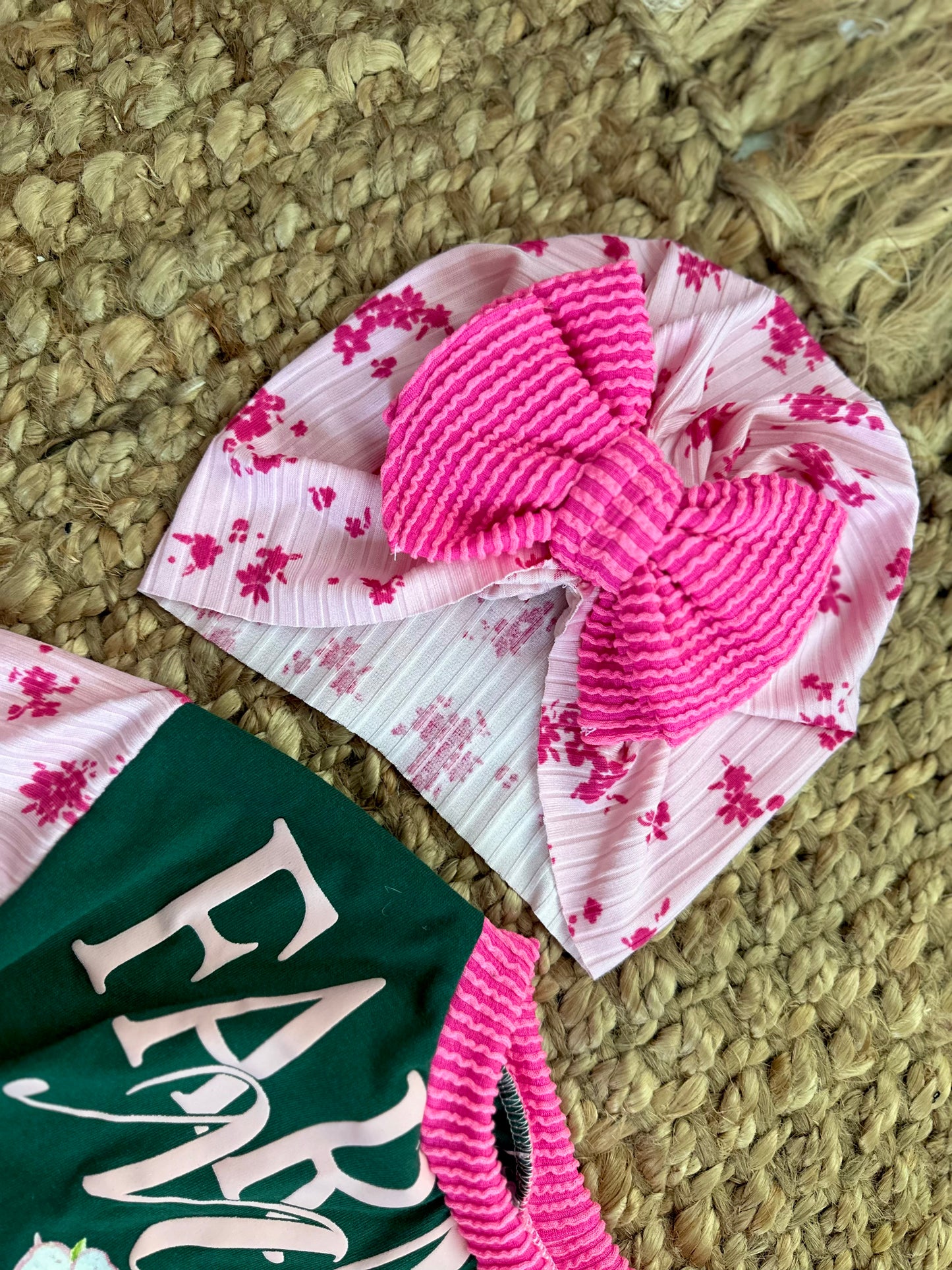 9/12 upcycle sweater romper with snaps. Front & back & matching turban